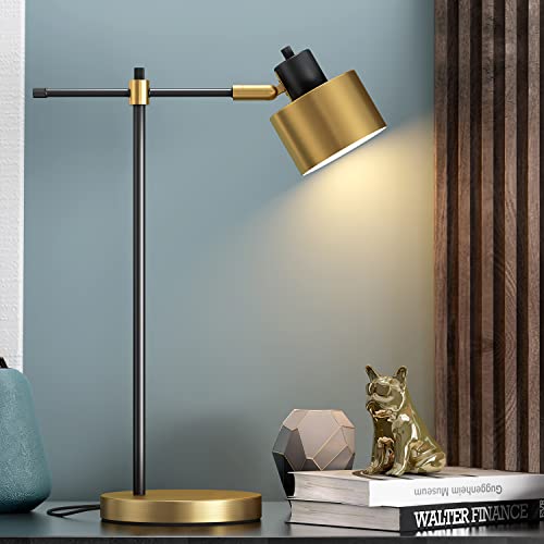 Oyears Modern Industrial Desk Lamp For Reading Led 22.25“ Metal Table Lamp Light For Office Bedroom Study Room Living Room Nightstand Bedside Lamps Gold And Matte Black Accent Finish 5W Bulb Included #TOP4