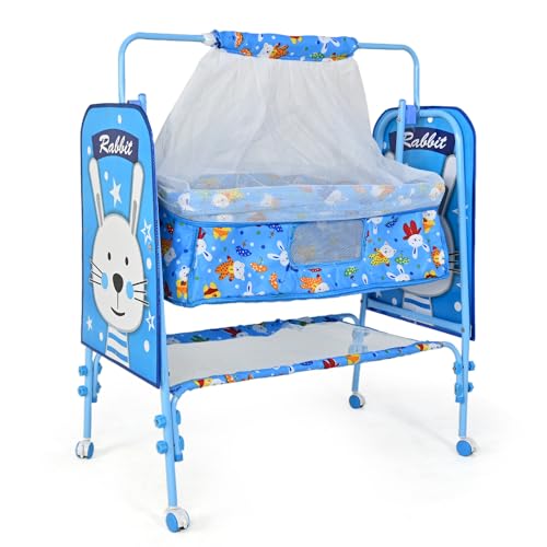 Image of Bubblebaby Premium Sturdy & Safe Baby Cradle Jhula /Palna /Bed /Ghodiyu /Baggi /Baby Bedding with Mosquito Net 360 Rotating Wheels & Lock Storage Mattress for 0-13 Months Boys Girls (Blue)1 Count