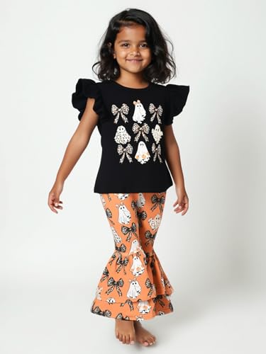 Image of Unique Baby 2 Piece Girls Double Bell Bottom Leggings Outfit with Short Sleeved Shirt Kid and Toddler Clothes Set