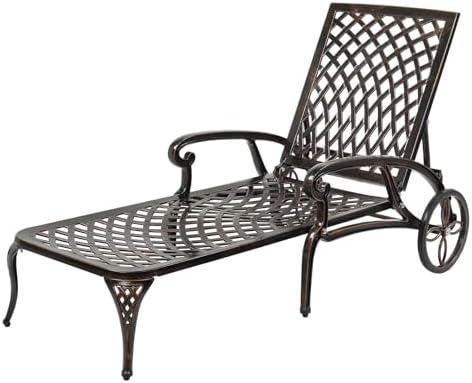 VINGLI Cast Aluminum Outdoor Chaise Lounge Chair with Wheels, Patio Chaise Lounge with 3-Position Adjustable Backrest, Outdoor Tanning Chair Patio Lounge Chair (Bronze, Without Cushion)