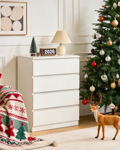 GODECOR Dresser for Bedroom, Modern Wood Dresser Chest of Drawers, No Handle Storage Cabinet for Girls, Anti-Tipping Device, Living Room, Home Office, Hallway Organizer (White, 4 Drawers)