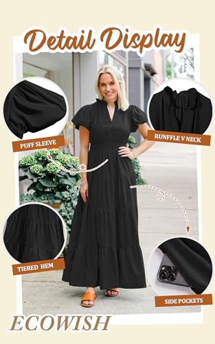 Image of ECOWISH Summer Maxi Dress for Women Casual Flowy V Neck Short Sleeve A Line Empire Waist Tiered Long Dresses with Pockets