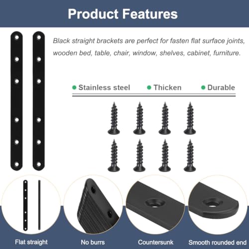 Image of 4 Pcs Black Flat Bracket 8 Inch Stainless Steel Straight Braces, Mending Plates Repair Fixing Brackets Heavy Duty Straight Repair Joining Plates with Screws