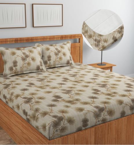 Image of Premium Cotton Fitted Bedsheet King Size 78 x 72 x 8 Inches with 2 Pillow Covers | 220 TC | All-Around Elastic Deep Pocket Bed Cover | Beige Brown Botanical Branch