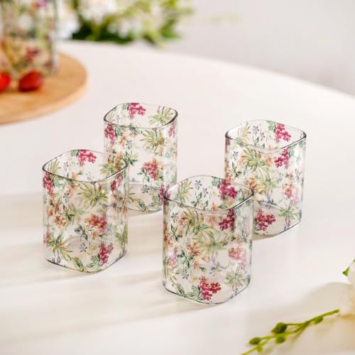 Image of Nestasia Printed Borosilicate Glasses Set of 4 (230ml Each) - 100% Food Safe & Durable Glassware with Vibrant Floral Design | Small Square-Shaped Tumblers for Water, Juice, Mocktails & Iced Tea