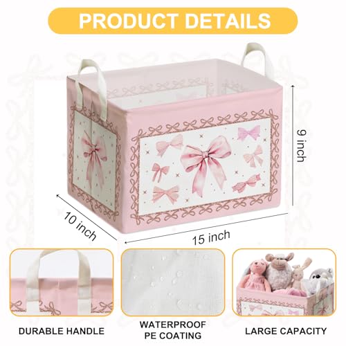 Image of Pink Bow Foldable Storage Box, Waterproof Toy and Clothes Storage Box for Nursery Room, Pink Cute Bow Decorative Fabric Basket for Boys Girls Bedroom, Storage Basket Gifts for Bow Party Decoration