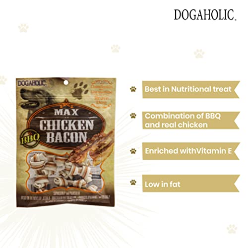 Image of Rena Dogaholic BBQ Max Chicken Bacon Bone Dog Treats for All Breeds with Bacon-Barbecue Flavour, Protein-Rich, Low in Fat with Real Chicken, 130 gm
