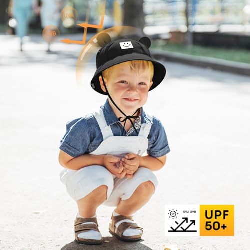 Zando SmileyWorld Baby Sun Hat Toddler UPF 50+ Smiley Face Hat with Bear Ear Wide Brim Baby Bucket Hat Toddler Beach Hat 0-4T3