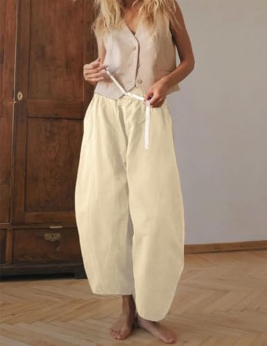 Wyeysyt Barrel Jeans Women Wide Leg Elastic Waistband Cotton Pants Baggy Palazzo Pants with Pockets(Beige-S)2