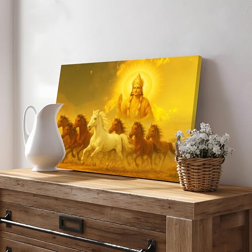 Image of Shurya Dev 7 Running Horses Canvas Wall Art Painting With Frame For Living Room Seven Horse Vastu Feng Shui Framed Painting Positive Energy Wall Art For Home, Office, (16x22 Inch)