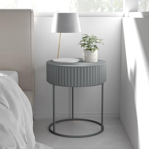 [en.casa] Mesa Auxiliar Rill Redonda con Cajón para Salón Entrada Dormitorio Mesa de Centro Mesilla de Noche Base Robusta Estable Versátil MDF Metal 46 x Ø 40 cm - Gris