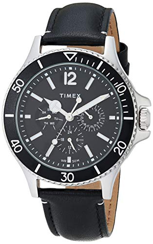 Timex Men's Harborside Multifunction 43mm Watch – Black Dial & Silver-Tone Case with Black Genuine Leather Strap