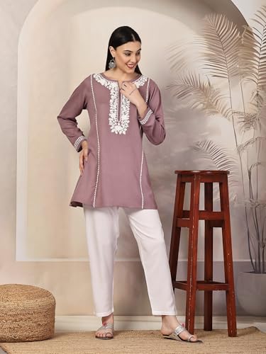 Image of QAZMI Women's Ardra Aari Embroidered Viscose Rayon Full Sleeves A-Line Flared Short Kurti