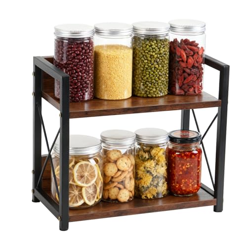 Worephu 2 Tier Wooden Spice Rack, Kitchen Counter Organiser for Spices, Oil Bottles, Coffee Storage, Rustic Design with Stable Structure, Quick Assembly, Versatile for Home and Office Use
