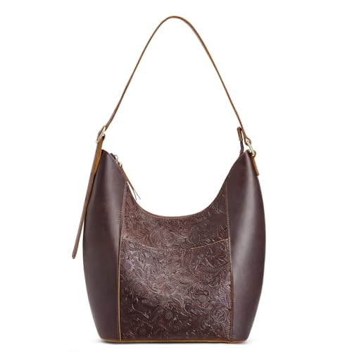 Image of S-ZONE Leather Purses for Women Shoulder Hobo Handbag Rose Pattern Travel | Full Grain Cattle Leather, Fits 9.7-inch Tablet, Daily Casual, Adjustable Shoulder Strap, Multi Pocket Storage