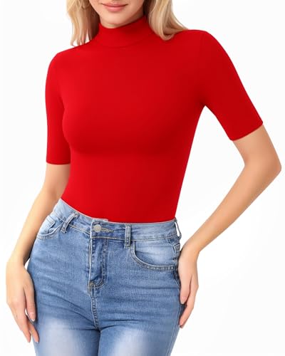 Image of MANGOPOP Women's Mock Turtle Neck Slim Fit 3 /4 Sleeve T-Shirt