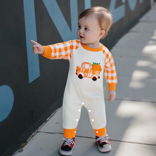 SAYOO Newborn Baby Girl Boy Thanksgiving Halloween Outfit Pumpkin Turkey Embroidered Contrast Waffle-Knit Romper Jumpsuit4