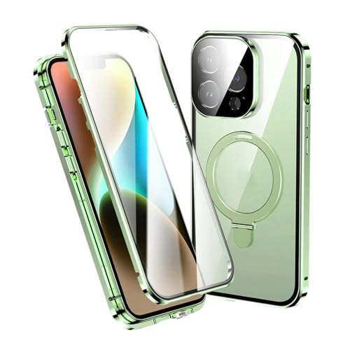 EKSED Custodia per iPhone 15/15 Plus/15 Pro/15 PRO Max, Supporto Invisibile per Anello Supporto Ad Adsorbimento Magnetico Telaio in Metallo Custodia in Vetro Temperato, 15 PRO,Green