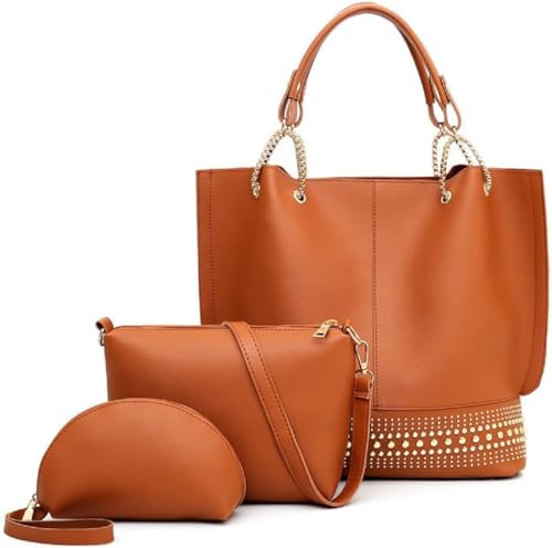 Handbags for Women Fashion Tote Bags Rivet Shoulder Bag Top Handle Satchel Purse Set 3pcs