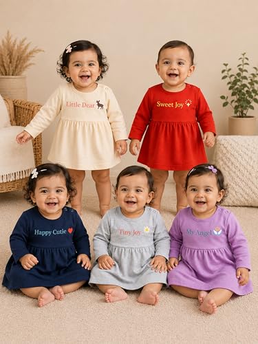 Image of Kidbee Baby Girls A-Line Dress Combo Pack of 5 | Printed Cotton Blend Frocks | Multicolor | Newborn, Infant & Toddler