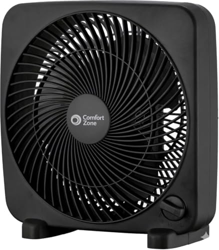 Comfort Zone 9-inch Portable Box Fan – Compact Desktop Cooling Fan with 3-Speeds, Quiet Operation, Built-in Carry Handle & Safety Grill – ETL Listed for Home, Office, or Dorm – Black