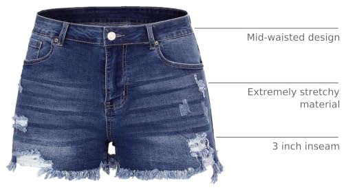 Image of THUNDER STAR Women Mid Rise Ripped Stretchy Jeans Shorts Frayed Raw Hem Casual Denim Shorts