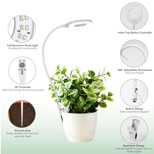 Pflanzenlampe LED Vollspektrum für Wachstumslampe - Grow Lampe 10W USB Pflanzenlicht Kleine Pflanzen mit Auto 4/8/12h Timer,10 Helligkeitsstufen, 3 Lichtmodi, 360° Schwanenhals, Clip & Erdspieß