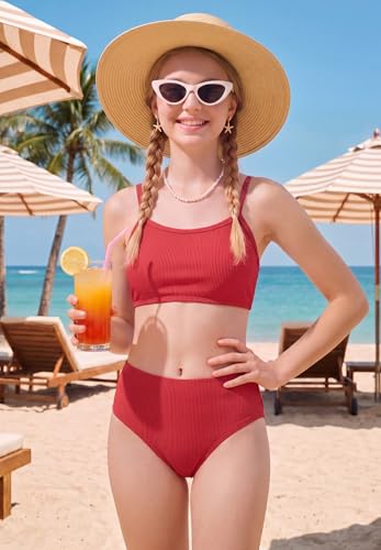 Image of Zando 2 Piece Ribbed Swimsuits for Teen Girls Kids Size 6-15 Years High Waisted Solid Cute Bikini for Summer Beach Wear