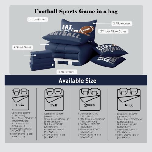 Image of Feelyou Boys Football Comforter Set 7 Pieces Twin Size American Sports Bedding Set for Kids Adults Navy Blue Rugby Bed in a Bag Ball Games Room Decor Football Player Gift