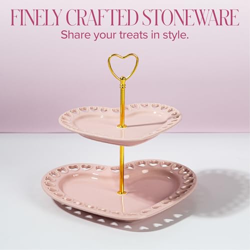 Paris Hilton 2-Tier Heart Serving Tray, Iconic Ceramic Stoneware with Metal Handle, Easy Assembly for Stylish Display, 9-Inch and 7-Inch Plates, Pink by Paris Hilton - Image 4