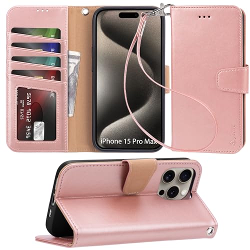 Arae Compatible with iPhone 15 Pro Max Case with Card Holder and Wrist Strap Wallet Flip Cover for iPhone 15 Pro Max 6.7 inch
