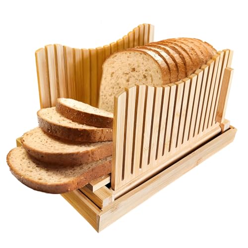 Bamboo Bread Slicer for Homemade Bread with Crumb Catcher - Wooden Bread Cutting Board Guide for Home Use with Adjustable Thickness - Loaf Cutter - Foldable Compact