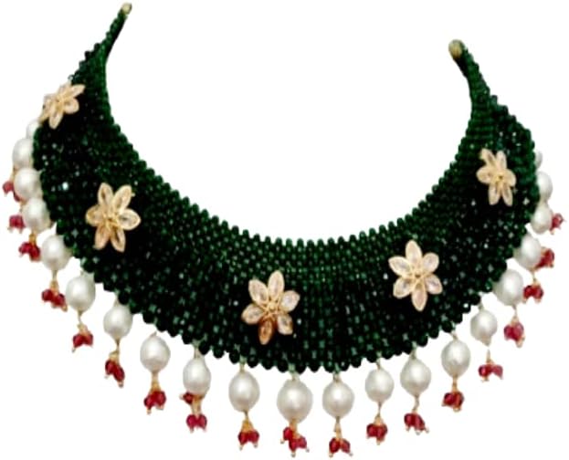 Yash Gems - (YGR 54 Semi Precious Gemstone Green Colour Multi-Strand Choker Necklace Chick mala With Metal star And Peal Jali Designs Necklace for Women and Girl