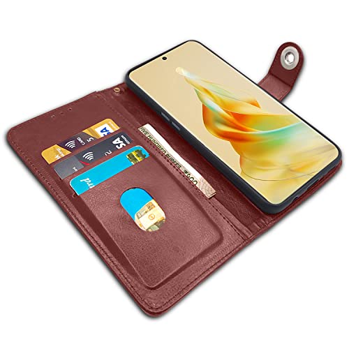 Image of Pikkme Oppo Reno 8T 5G Flip Cover Leather Finish | Inside TPU with Card Pockets | Wallet Stand and Shock Proof | Complete Protection Button Flip Case (Brown)