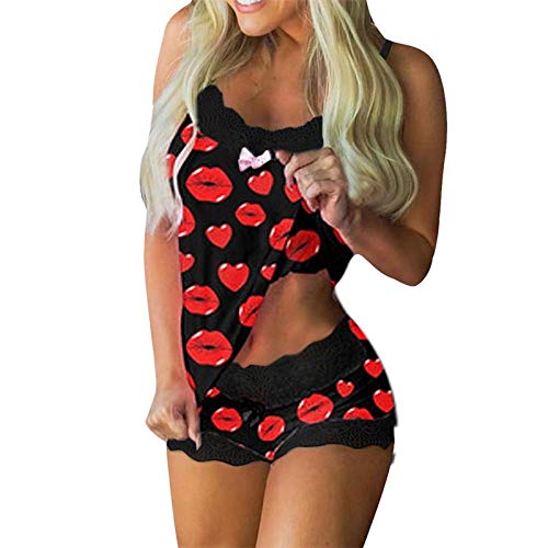 LIMILI Juego de pijama de encaje con correa sin mangas con lazo sin mangas, pijamas, pantalones cortos, juego de pijama de encaje, ropa de dormir para mujer, ropa de dormir sexy, 12_L, 12, L