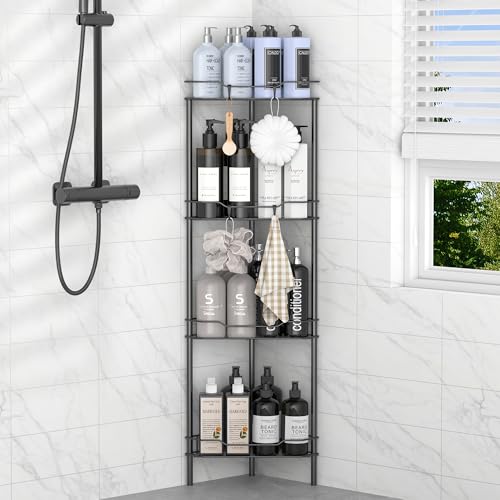 HuggieGems 4 Tier Floor Standing Corner Shower Caddy Organizer Shelf with Hooks Bathroom Shelves Stand Rack Black