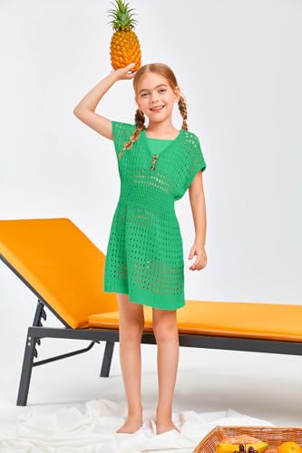 Image of Haloumoning Girls Crochet Swim Beach Cover Up Kids Fashion Button Short Sleeve Swimsuits Cover Ups 5-14 Years