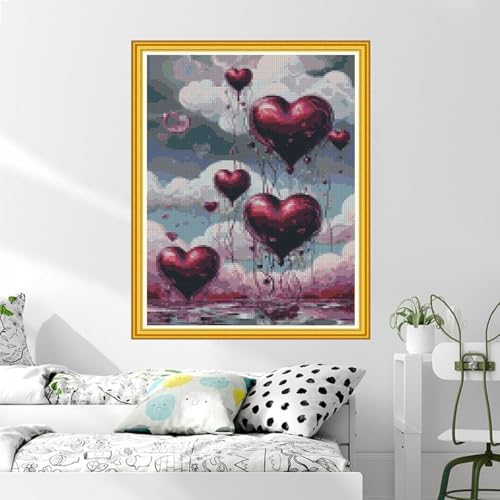 Image of MYBISYMQQ Romantic Heart Balloon Cross Stitch Kits for Adults Beginners - 11CT Stamped Love Heart Embroidery Kit, DIY Pre-Printed Needlepoint Patterns for Home Wall Art Decor, 15.7x11.8 Inches