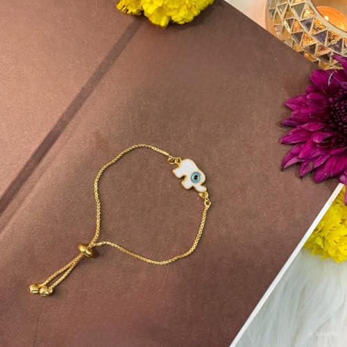 Image of I Jewels Hamsa Enamel Evil Eye Lumba Rakhi Set for Brother and Bhabhi with Roli Chawal and Rakshabandhan Card | Couple Rakhi