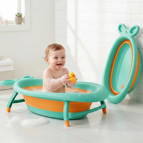 Image of R for Rabbit Bubble Double Finzy Baby Bath Tub Foldable for Kids 9 Months-3 Years | Womb Cocoon Bathtub Design | Anti-Skid Base | Quick Drain Plug | Space Saving Pool Bather with Tray (Green Orange)