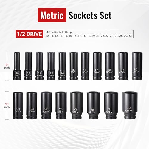 Image of Reniteco 25-Piece 1 /2 inch Drive Socket Set, Metric(10mm-32mm), Deep Sockets, Extension Bars, 1 /2 inch F to 3 /8 inch M Reducer,3 /8 inch F to 1 /2 inch M Reducer, Universal Joint, 6 Point Design, Cr-V
