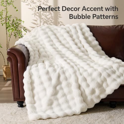 Image of BEDELITE Faux Fur Throw Bubble Blanket for Couch, 60 inch x 80 inch, Cream | 870GSM Soft Cozy Plush Blanket for Sofa & Bed Living Room Decor, Warm Fuzzy Faux Rabbit Fur for Women Gift, All Season Use