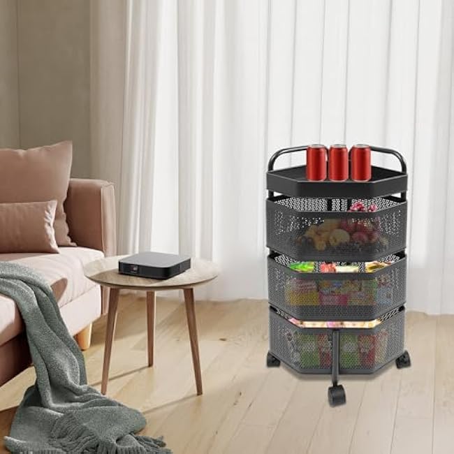 Rotating Storage Shelves, 3-Tier Removable Basket Shelf Organizer Metal Storage Tower Basket Shelves Organizer on Rolling Wheels for Fruit Vegetable Grocery Corns (Black)-Ikv9ib4W