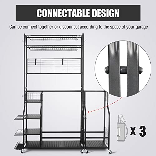 Mythinglogic Golf Bag Storage Garage Organizer,2 Golf Bags Storage Stand and Golfing Equipment Accessories Storage Rack with 4 Removable Hooks, Extra Golf Clubs Display Rack