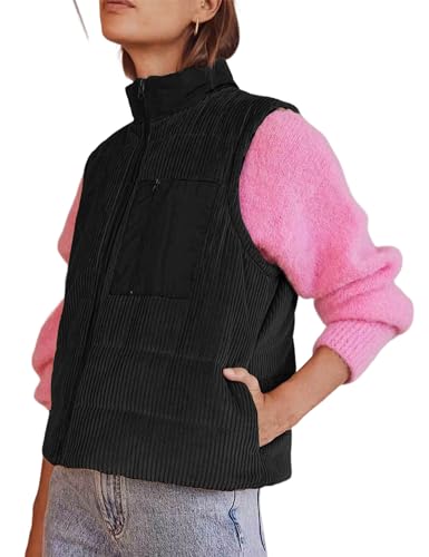 Women's Corduroy Puffer Vest Cropped Stand Collar Zip Up Color Block Vests Warm Gilet Jacket Outerwear with Pocket2