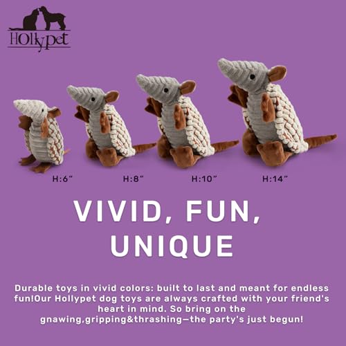 Image of Hollypet Plush Dog Squeaky Toy Stuffed Armadillo Animal Pet Puppy Chew Toys with Clean Teeth for Small Medium Large All Breed Sizes Dogs, Milky White, 8 in