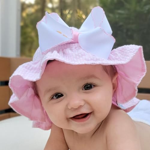 Wee Ones Girls' Reversible Ruffle Brim Seersucker Sun Hat, Stylish and Breathable, 0-6 Months, Pink3