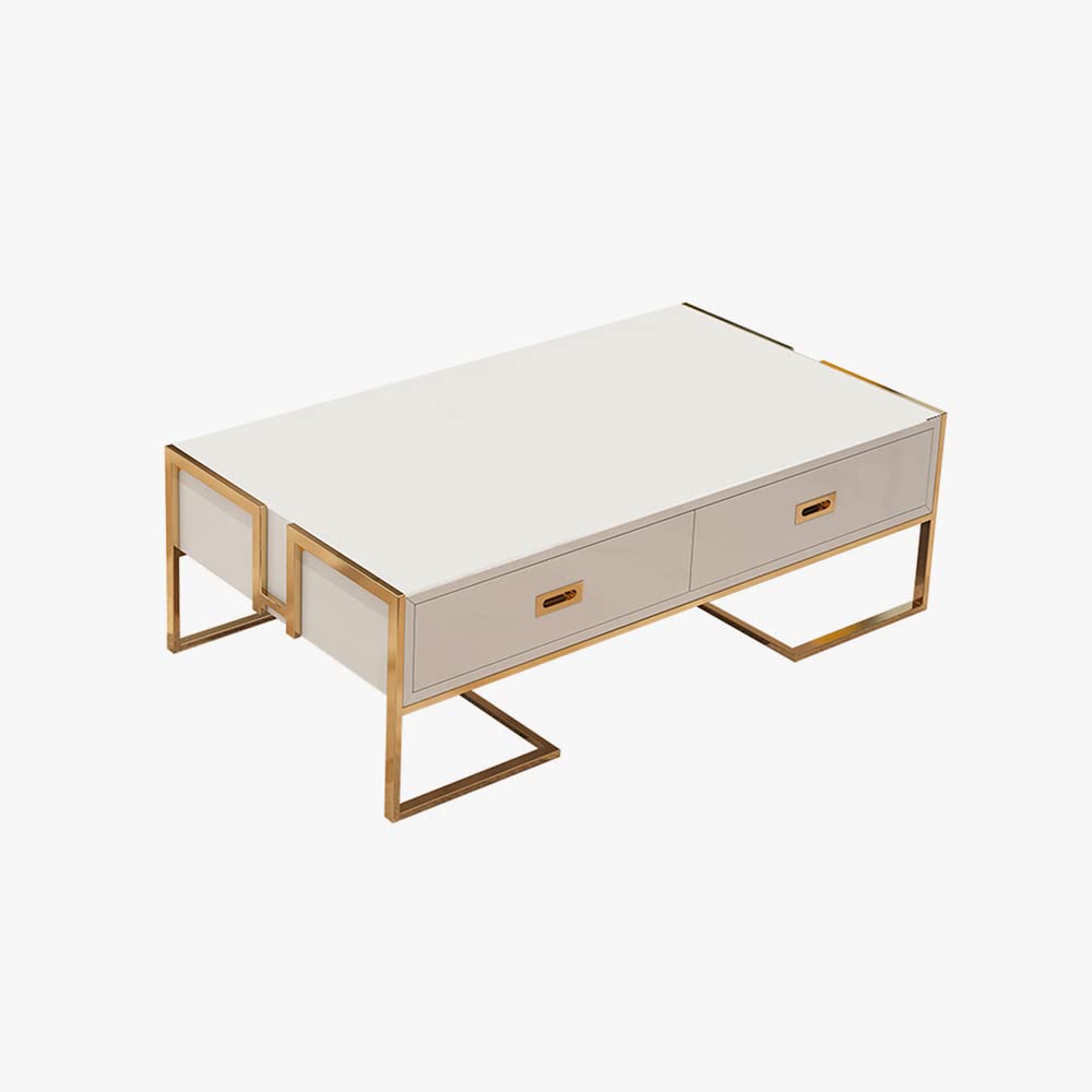 Coffee Tables for Living Room Modern Rectangular Coffee Table with 4 Drawers, Tempered Glass Coffee Table with Lacquer Gold Base, 51.18", White Coffee Table with Storage