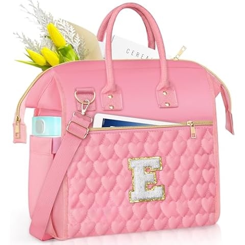 QLOVEA Personalized Gifts for Women, Large Insulated Lunch Bag, Womens Lunch Box with Adjustable Shoulder Strap, Reusable Lunch Cooler Bag with Chenille Letters for Work, Office, Picnic, Initial E Cover