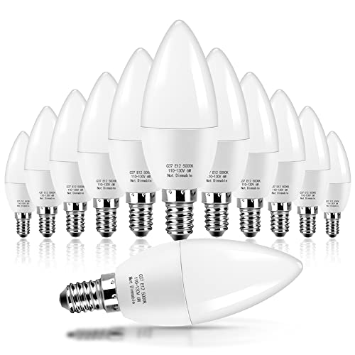 E12 Candelabra LED Light Bulbs, 60 Watt Equivalent, Ceiling Fan Light Bulbs Chandelier Bulbs Daylight White 5000K, 550LM, Non-Dimmable, 12-Pack E12 Candelabra LED Light Bulbs, 60 Watt Equivalent, Ceiling Fan Light Bulbs Chandelier Bulbs Daylight White 5000K, 550LM, Non-Dimmable, 12-Pack